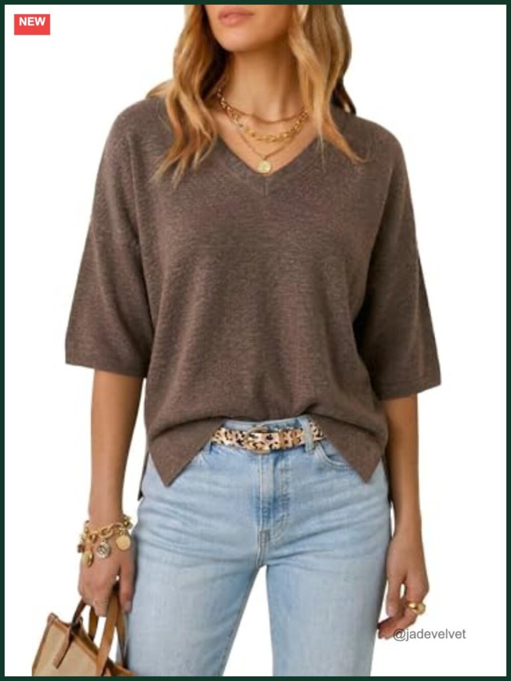 Women's Wool Blend V-Neck Elbow Sleeve Oversized Sweater Pullover